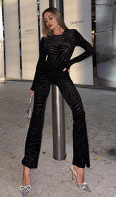 ZEBRA PRINT SHEER CARVED VELVET JUMPSUIT SET